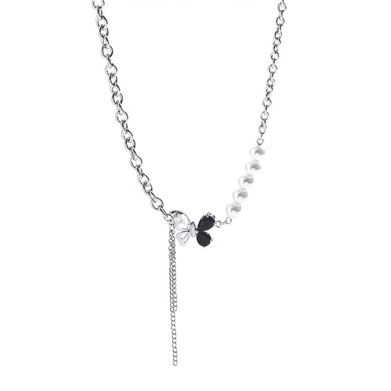 Butterfly Pearl Titanium Steel Necklace Women's Trend Cold Wind Sweater Chain Versatile Hip Hop Sweater Chain