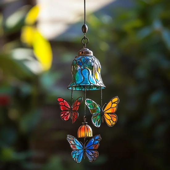 Butterfly Wind Chime Metal Stained Glass Wind Chime Hanging Decoration for Indoor Outdoor