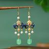 Elegant Retro Cloisonné & Jade Earrings with Chinese Ruyi Design.