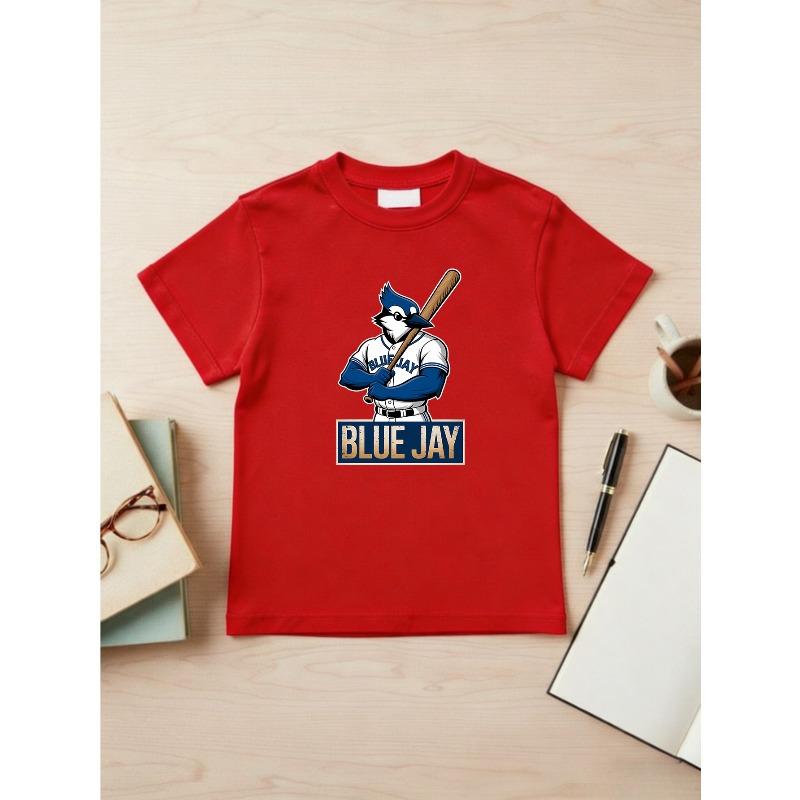 European sizes [Baseball Cartoon T-Shirt] Blue Jay Baseball Cartoon Print T-Shirt - Boys And Girls Sports Casual Short-Sleeved Top