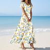 Women's Casual Fashion Print Long Dresses V-Neck Short Sleeve Dresses