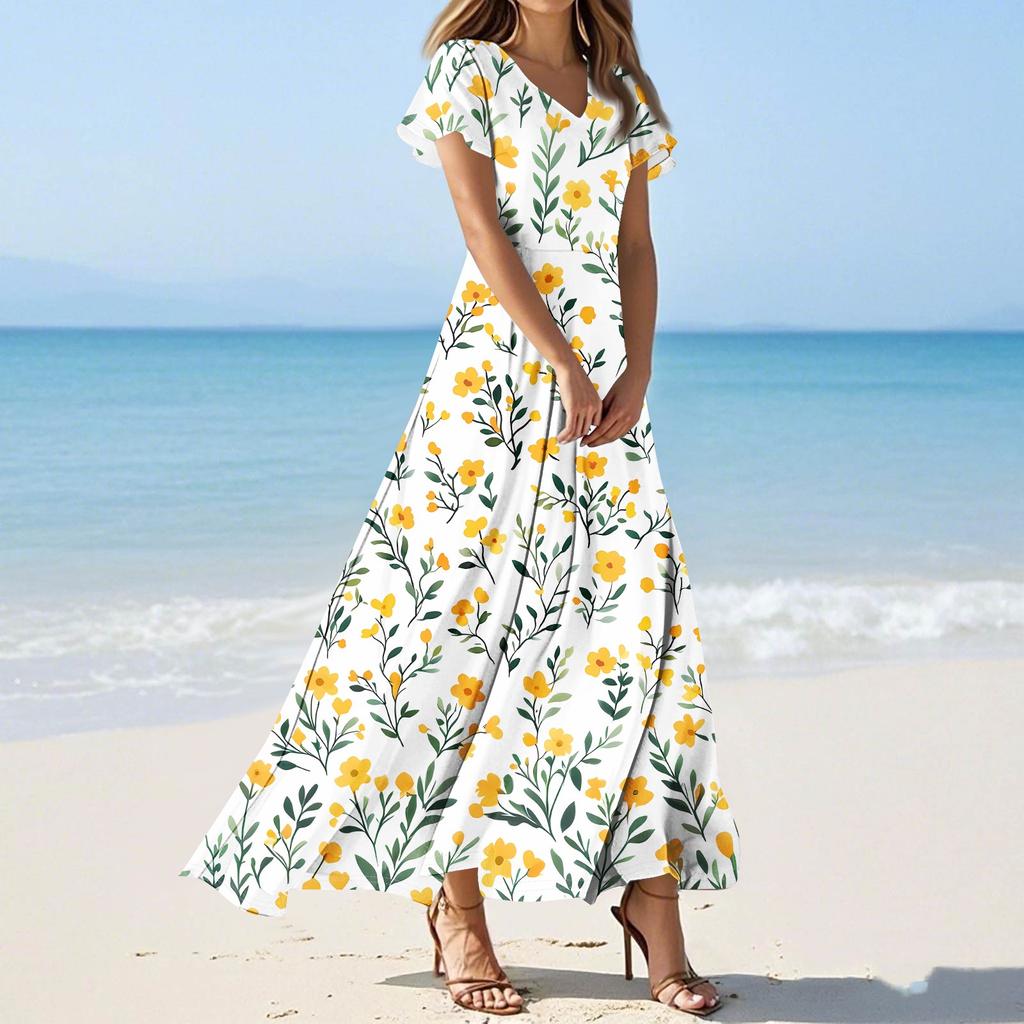 Women's Casual Fashion Print Long Dresses V-Neck Short Sleeve Dresses