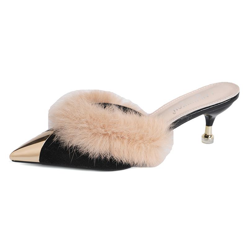 Осень и зима новая корейская версия остроносый низкий каблук сумка голова плюшевые женские классные тапочки знаменитости интернет мода домашняя одежда тапочки женские