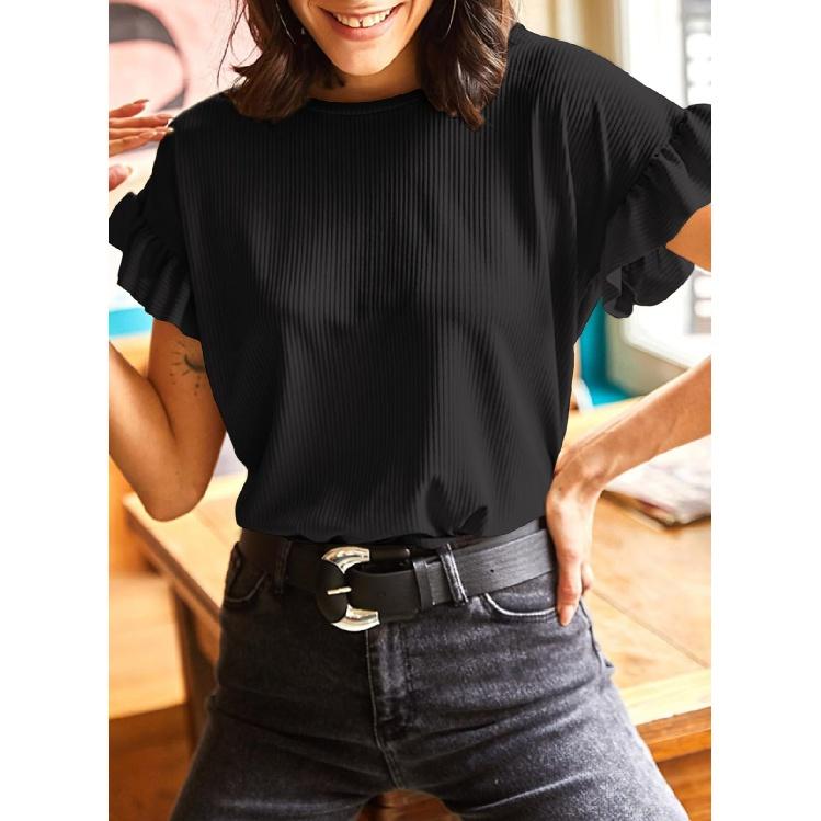 Женская футболка с коротким рукавом, повседневные базовые футболки, летние однотонные вязаные футболки свободного покроя с рюшами и круглым вырезом, блузки