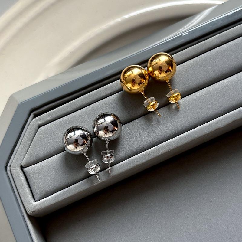 Sterling Silver Needle Gold Ball Stud Earrings Women's Cold Wind Earrings Real Gold Electroplated Earrings