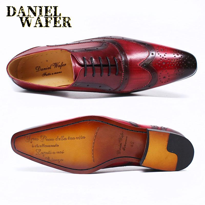 Мода Мужская Мода Оксфорды Черные Красные Заостренный Мысок Дерби На Шнуровке Формальные Кожаные Туфли для Офиса Свадебное Платье Роскошь
