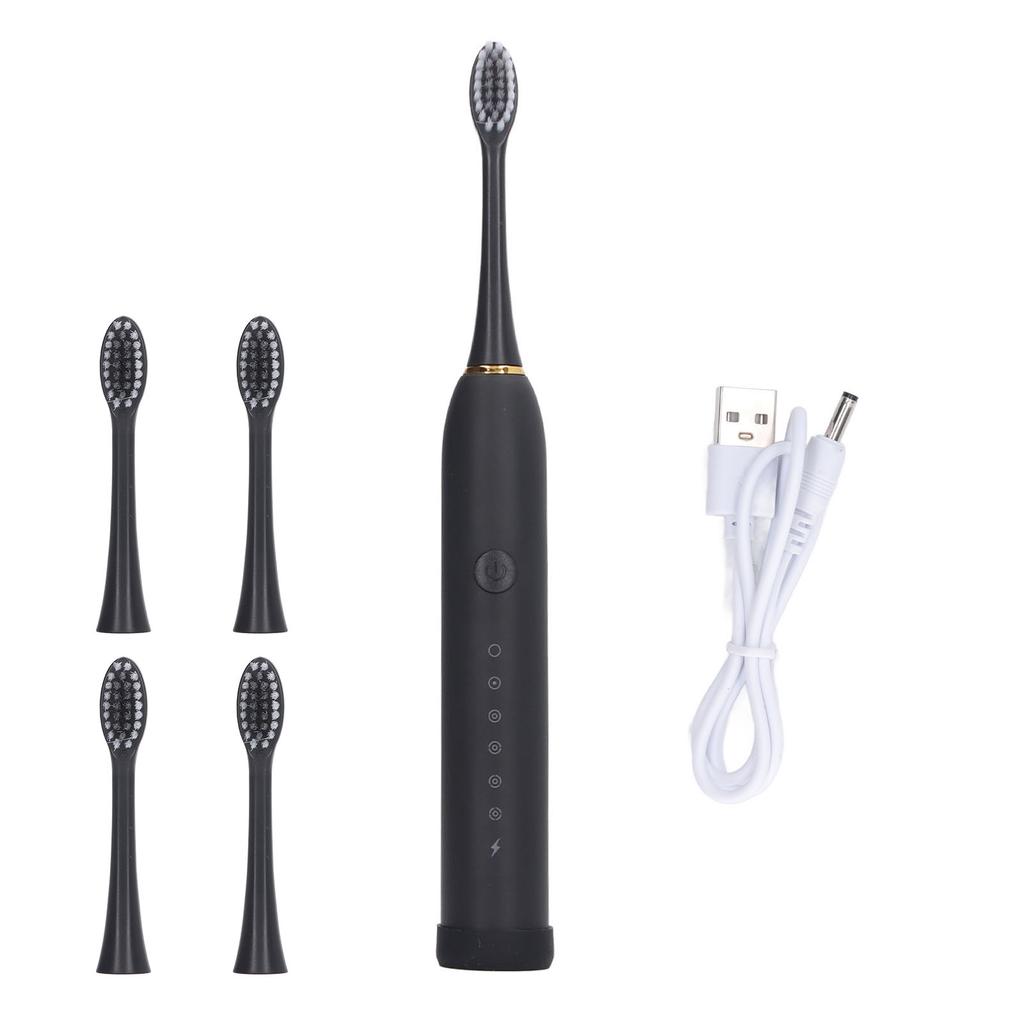 Electric Toothbrush IPX7 Waterproof 6 Modes Rechargeable Automatic Tooth Brush with 4 Heads Black