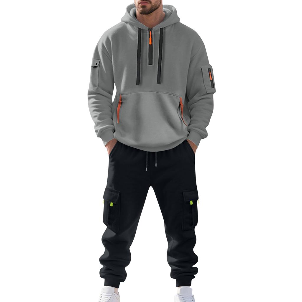 Men's Solid Color Casual Suit Loose Sports Hooded Sweatshirt With Pockets Multi Pocket Overalls Suit