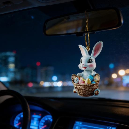 Easter Bunny Ornament 2D Flat Acrylic Bunny Car Rearview Mirror Charm Cartoon Bunny Egg Hanging