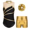 Girls Sports Set Sleeveless Patchwork Keyhole Back Leotard Metallic Shorts Hair Band Gymnastics Workout