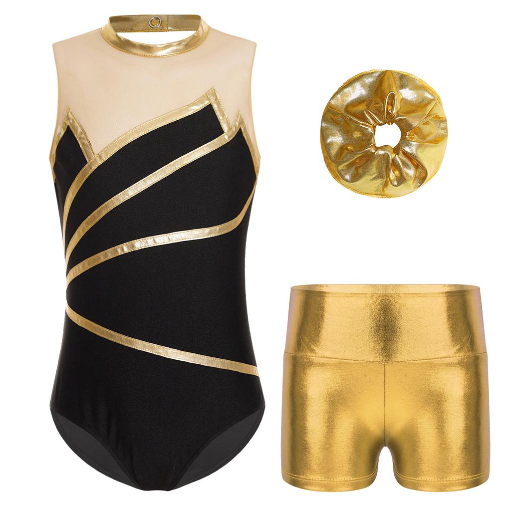 Girls Sports Set Sleeveless Patchwork Keyhole Back Leotard Metallic Shorts Hair Band Gymnastics Workout