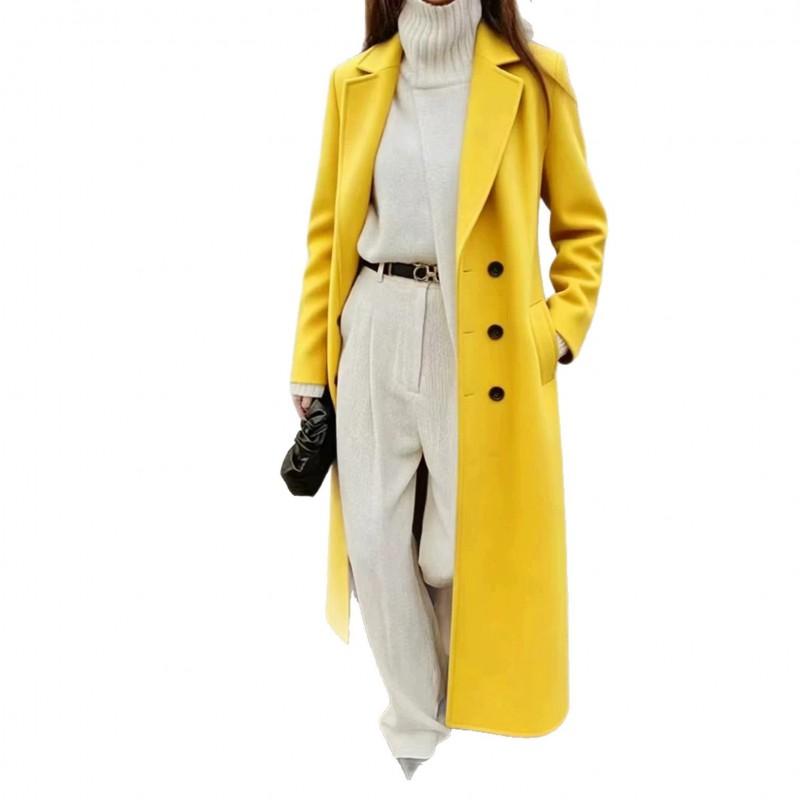 Womens Wool Blend Long Trench Coat With Notched Lapel Double Breasted Button Elegant Office Wear