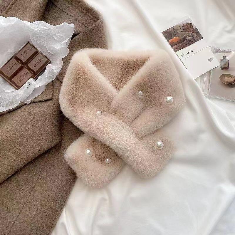 Женский шарф в корейском стиле из искусственного меха кролика рекс - Универсальный осенне-зимний толстый теплый жемчужный шарф-манишка.