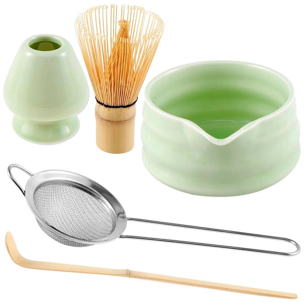 Набор венчиков для матча Керамическая чаша для матча с носиком для наливания Венчик для матча из бамбука Сито из нержавеющей стали Керамический держатель для венчика из бамбука Совок