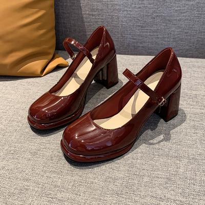 Модные осенние новые туфли на толстом каблуке, женские модные туфли с круглым носком, неглубоким ртом, толстым дном, однорядным ремнем, высокие каблуки