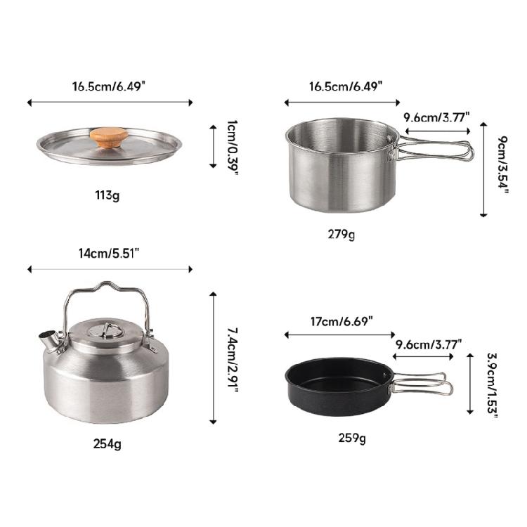 Stainless Steel Camping Cookware Set with Folding Lid Camping Pot Pan Kettle Set