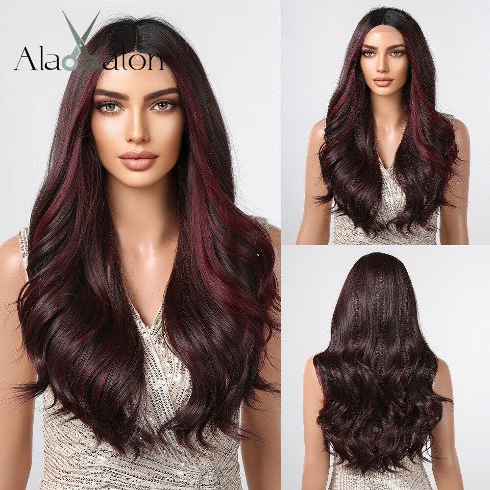 ALAN EATON Светло-коричневый парик спереди, длинные вьющиеся волны, парик со средним пробором, естественная линия волос, синтетические волосы для женщин, термостойкие