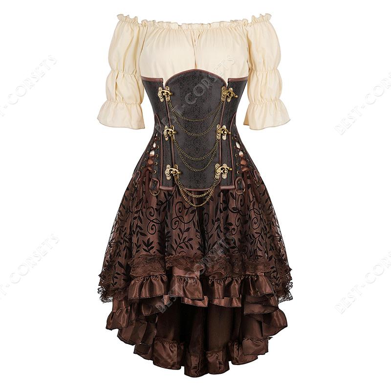 Steampunk Corset Dress Pirate Costume for Women Halloween Medieval Blouse Gothic Faux Leather Corset Dress With Straps Brown