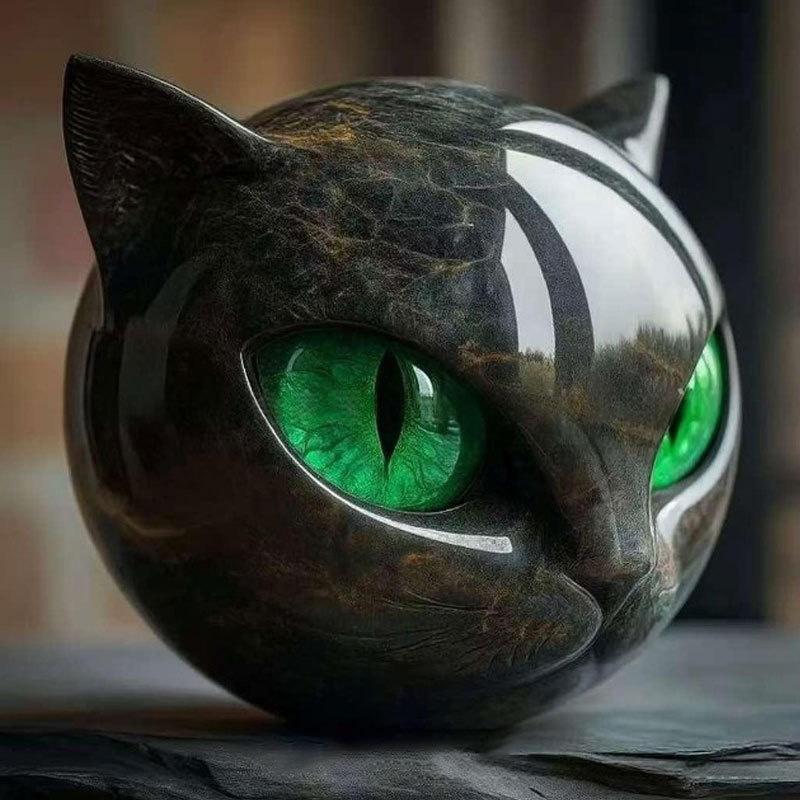 1Pcs Blue Luxurious Black Cat Stone Resin Sculpture - Elegant Volcanic Rock Effect Statue With