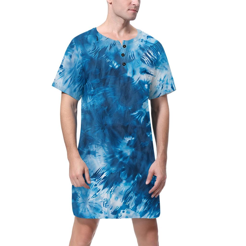 Мужская мода Принтованная хлопковая пижама с коротким рукавом Воротник на пуговицах Длинная свободная домашняя одежда