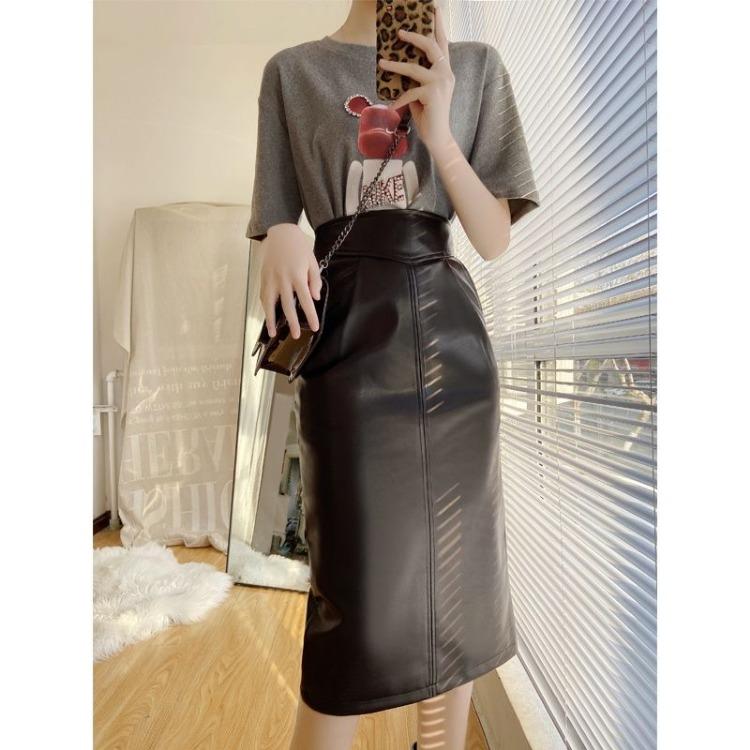 Элегантная юбка из кожи с высокой талией и разрезом на весну для женского сезонного наряда
