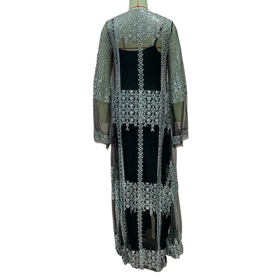 2 Pcs/Set Women Evening Dress Big Swing Shiny Bronzed Cardigan Slip Dress Set See-through Mesh Long Sleeve Coat Cocktail Events Special Occasions