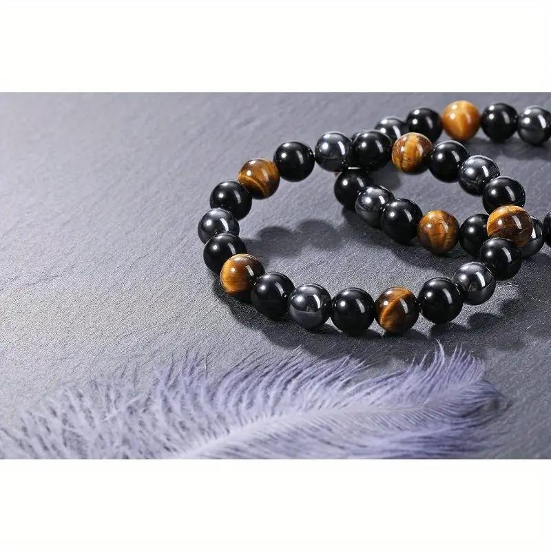 Амулет для защиты, обсидиан, тигровый глаз, натуральный круглый драгоценный камень, бусины, мужские и женские лечебные кристаллы, удача, 2 шт./комплект, браслет 10 мм