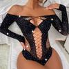 Sexy Lingerie Rhinestone Shiny Long Sleeve Fishnet Clothes Bodystocking Lingerie