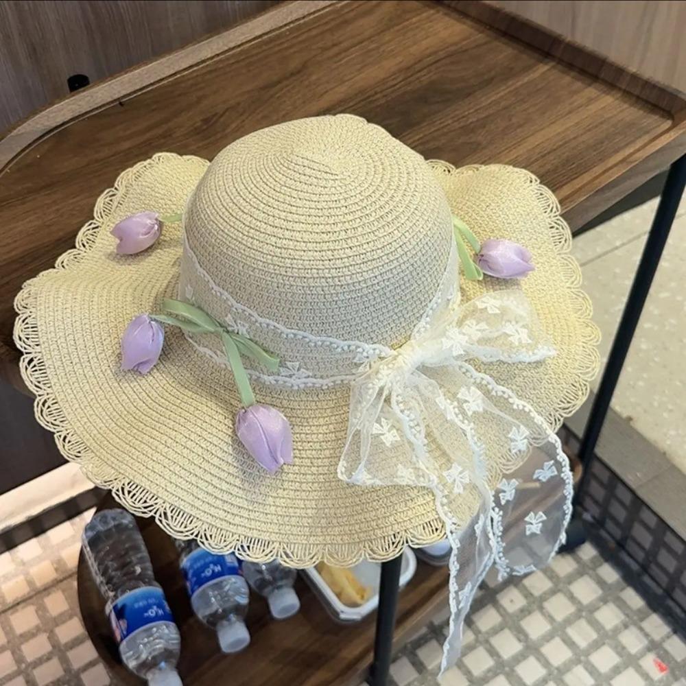 Korean Style Lace Tulip Sun Hat Wide Brim Bow Sunscreen Hat Simple Straw Woven Hat Beach