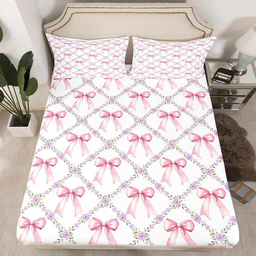 Simple Bow Pattern Mattress Three-Piece Digital Printing Mattress Bedding Set Adult Children