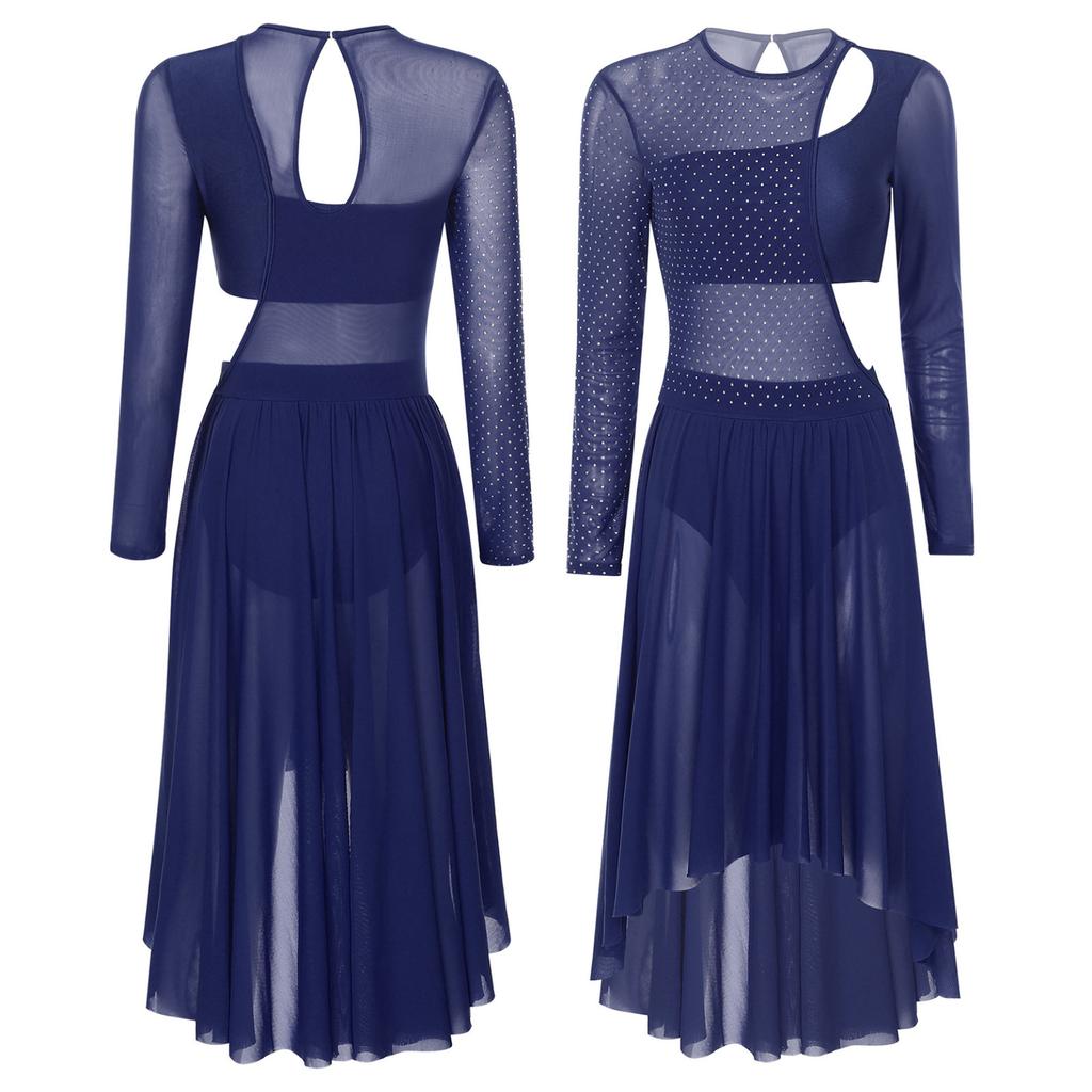 Женский лирический современный танцевальный костюм с длинными рукавами и стразами, сетчатое лоскутное платье с вырезами, балетное трико, платье