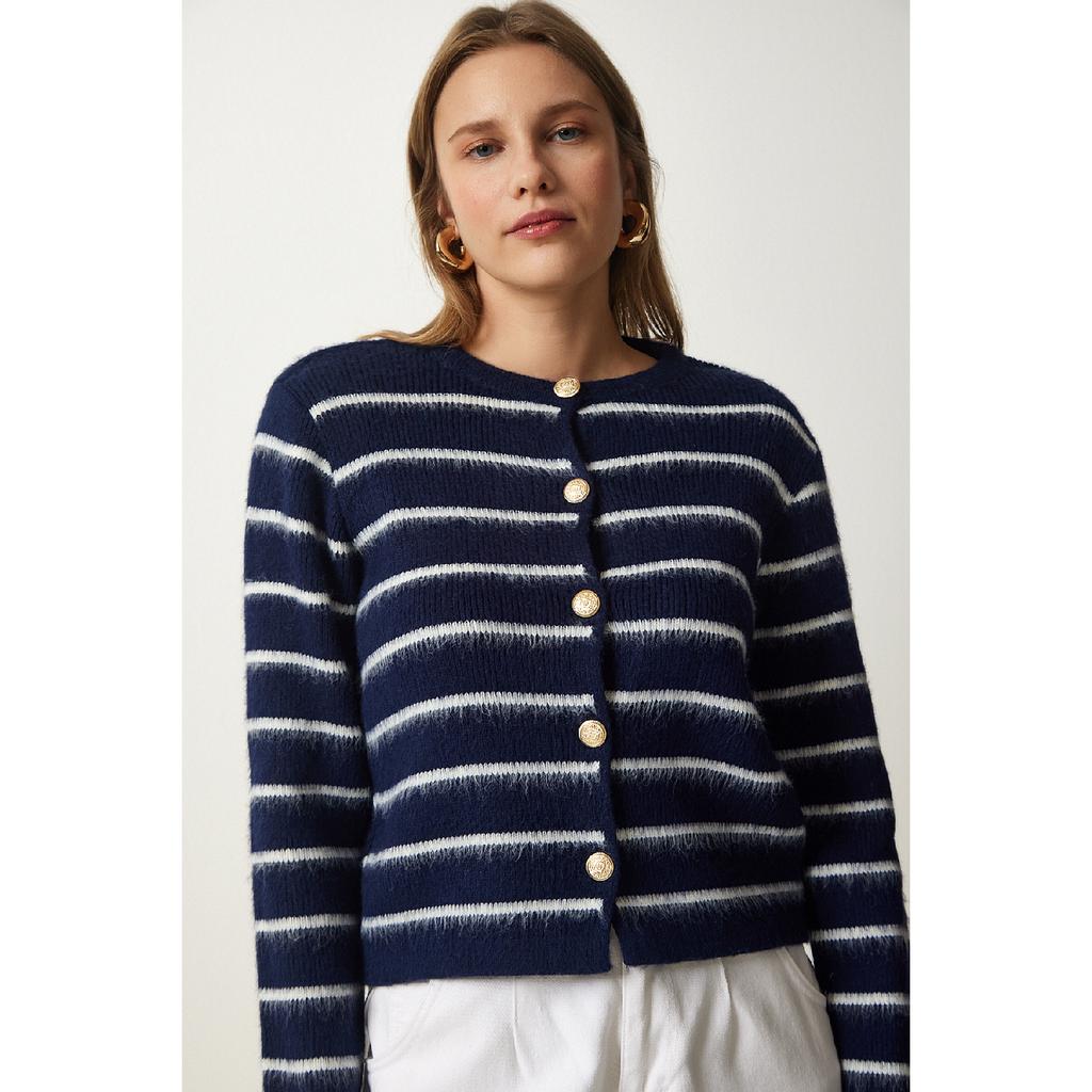 Женский костяной черный стильный трикотажный кардиган в полоску на пуговицах Pf00051