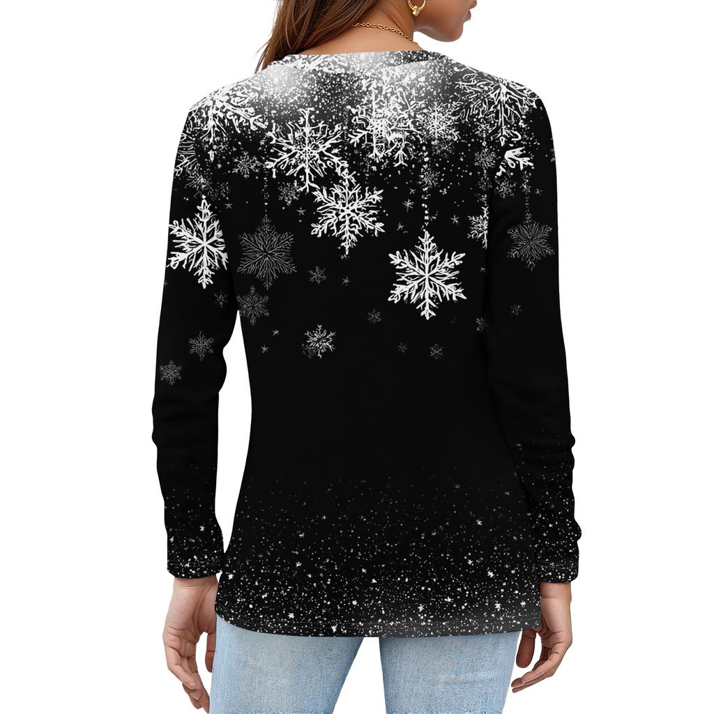 Women's Fashion Casual Slit Hem Round Neck Long Sleeve Loose Christmas Printed T-Shirt Ladies Top