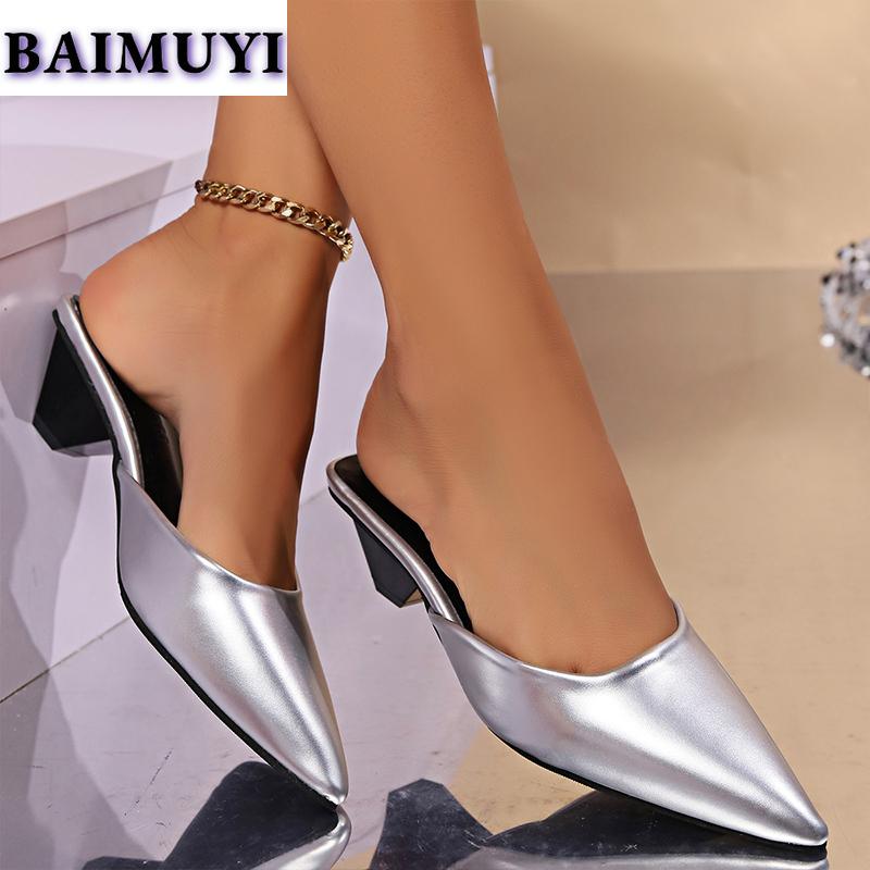 Мода леопардовый острый носок женские мюли тапочки туфли на среднем каблуке 2025 тренд сексуальные сандалии дизайнерские шлепанцы туфли на высоком каблуке Mujer Zapatillas