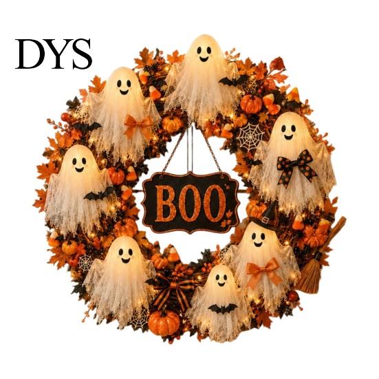 Decorative Fall Wreath Halloween Boo Ghost Wreath, Spooky Door Hanging Decoration with Pumpkins Holiday Home Accents And Spider Webs for Front Porch,