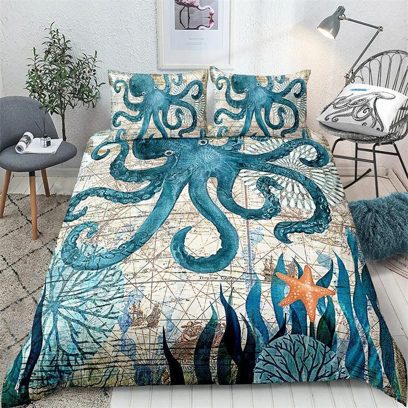 Sea Turtle Bedding Ocean Duvet Cover Set Teal Mediterranean Style Marine Themed Ocean Polyester Bedding Set Queen King Twin Size