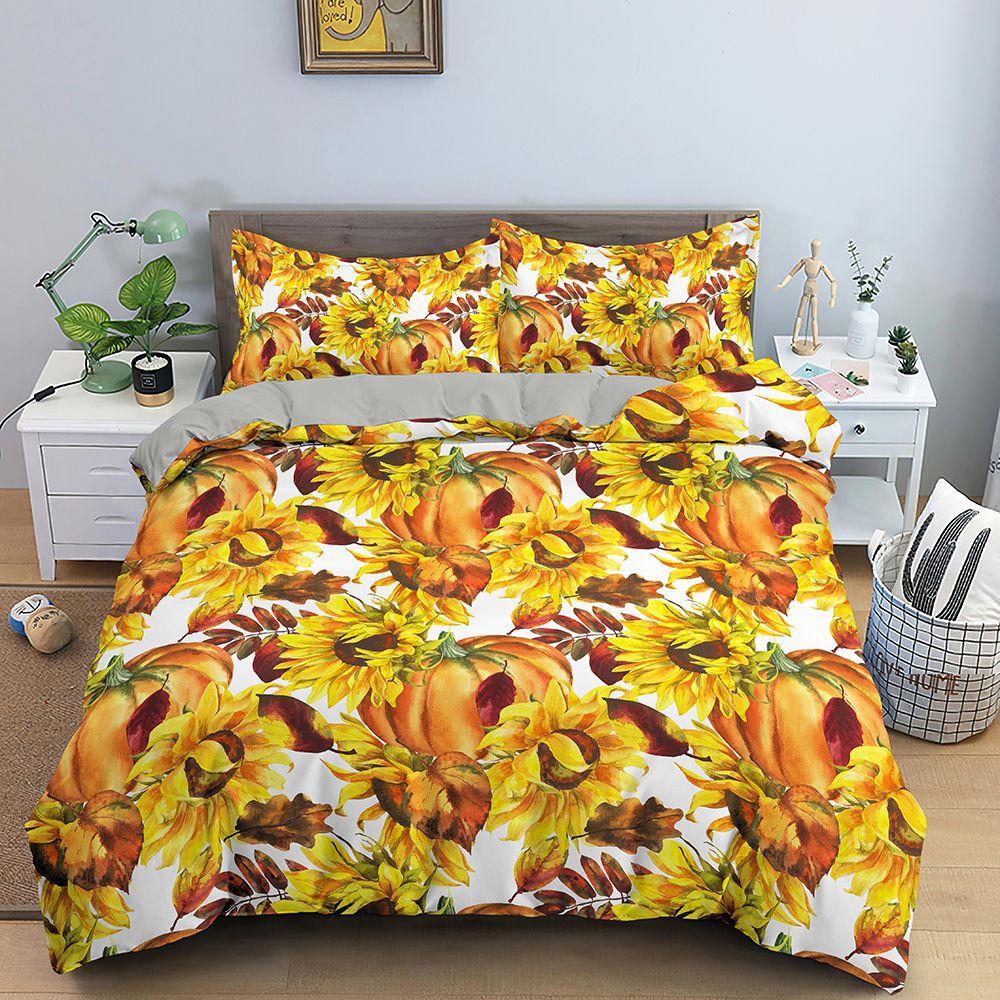 Bedding Set Evil Maple Leaf Pumpkin Theme Print Quilt Cover and Pillowcase 2/3 Pieces EU/US/AU/UK Single Double Bed Home Decoration