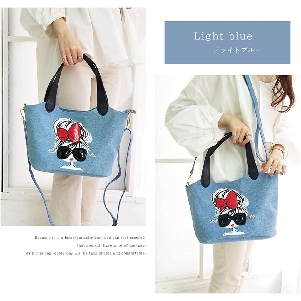 DIVA Rose Women's Large Capacity Denim Tote BagShoulder Bag, 2-Way Design, Crossbody Bag, Sunglasses Girl (Light Blue)