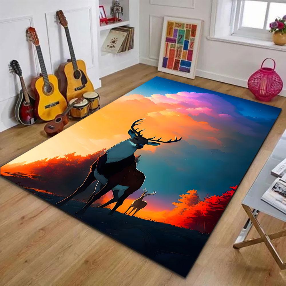 Majestic Deer at Sunset Forest Patterned carpet, suitable as a non slip play mat for the living room and bedroom sofa