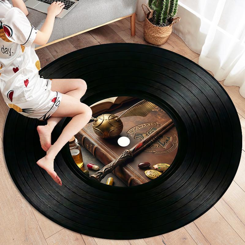 Record Texture Flag Magic Round Area Rug,Carpet Rug for Living Room Bedroom Sofa Playroom Decor,Non-slip Floor Mat