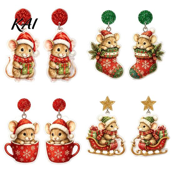 Holiday Party Accessories 1 Pair Cute Christmas Mouse Acrylic Earrings, 2D Flat Cartoon Animal Dangle Fun Jewelry for Girls Drop Earrings Women,