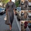 Women Dress Slim Waist Solid Color Dolman Sleeves Midi Dress Calf Length Evening Dress Round Neck Long Dress for Commuting Party Dating