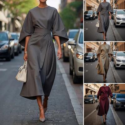 Женское платье с тонкой талией, однотонное платье с рукавами «летучая мышь», миди-платье длиной до икры, вечернее платье с круглым вырезом, длинное платье для поездок на работу, вечеринок, свиданий