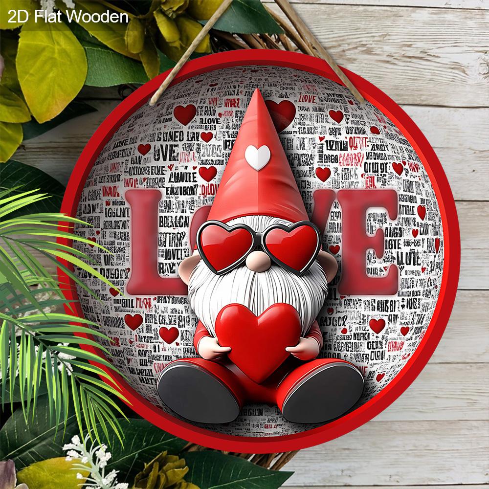 Whimsical Valentine'S Day Round Wooden Sign - Unique Gnome & Love Design, Multifunctional Outdoor Yard Sign for Home, Farm, Garden, Bar, Garage