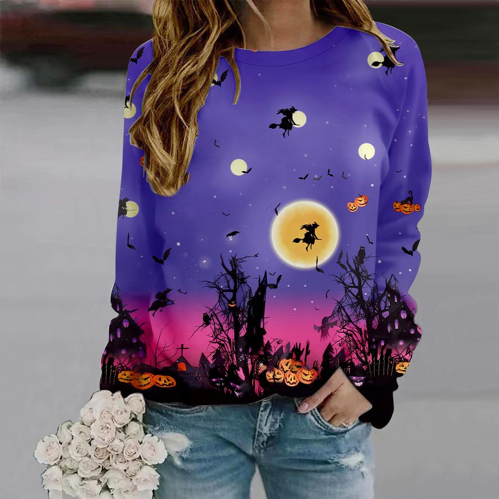 Осенняя женская мода с круглым вырезом и длинным рукавом, свободная одежда, футболка с принтом злой тыквы