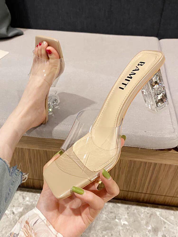 Односложные тапочки для женщин, летняя одежда 2025 года, новые квадратные головки, хрустальные, толстые, прозрачные, сексуальные, на высоком каблуке, классные тапочки для женщин