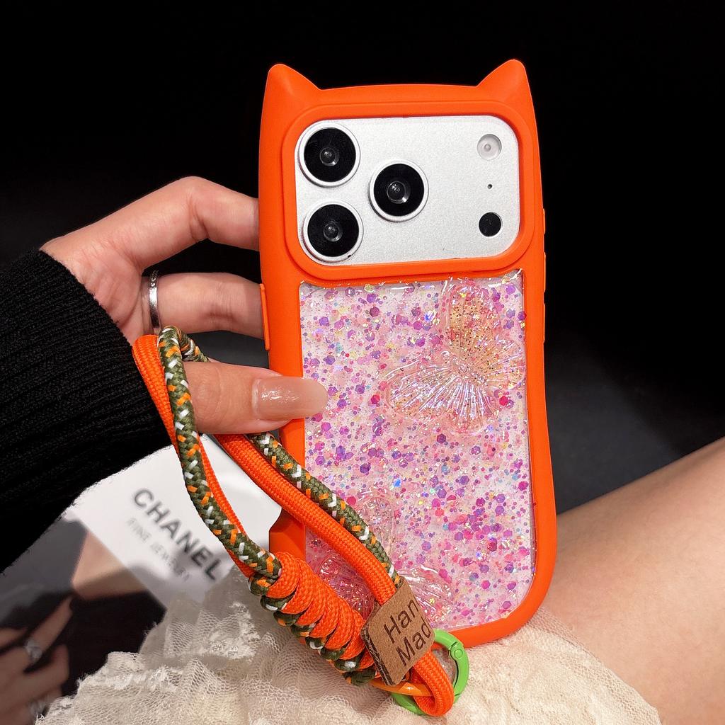 Милый Чехол-Подвеска с Ушками Кошки и Бабочкой Прозрачный для iPhone 17e 16 15 14 13 12 Pro Max 17 Air 11 Большое Окно Мягкие Края