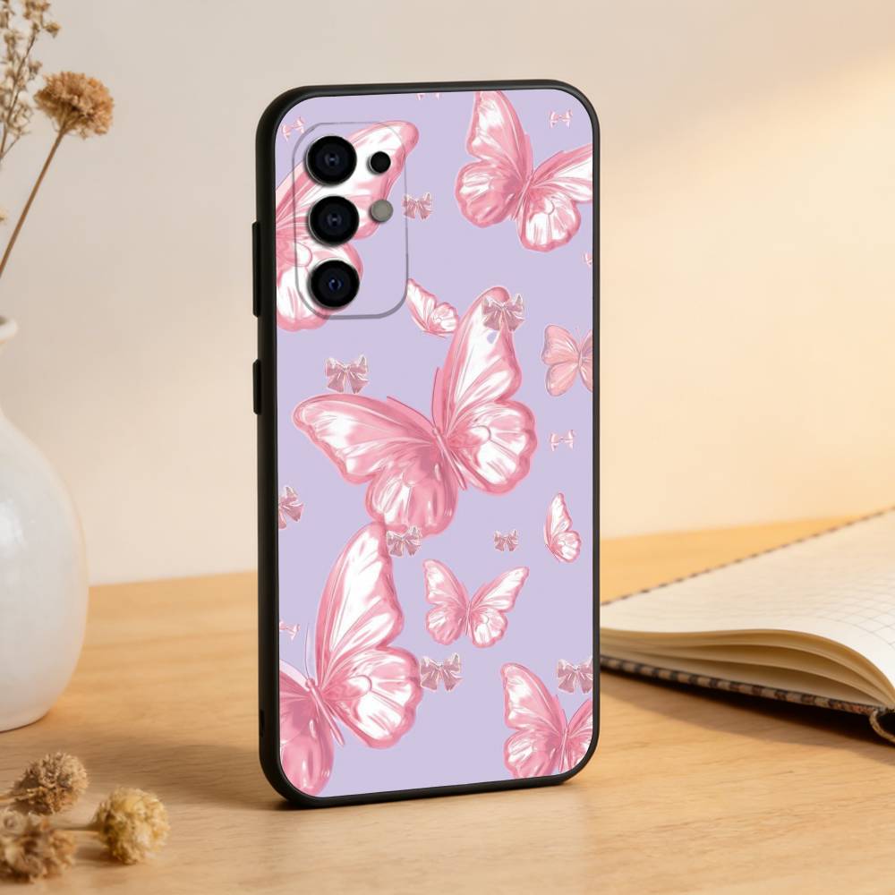 Pink Butterfly Pattern Phone Case Black Silicone Soft For Samsung S25,S24,S21,S22,S23,S30,Ultra,S20,Plus,Fe,Lite