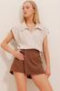 Women's Shirt New Season Fashion Stone Cuffed Double Short Sleeve Textured Shirt