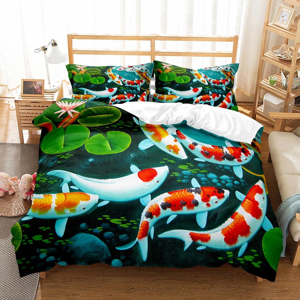 Fish Duvet Cover Set Koi Carp Pattern Polyester Comforter Cover King Queen Full Size for Kids Teens Bedding Set with Pillowcase